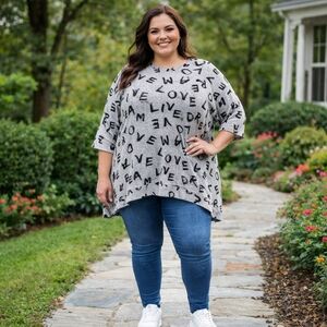 Rebellious One Top Womens 1X Grey Live Love Dream High-Low Hem Whimsy Sweater